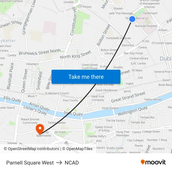 Parnell Square West to NCAD map