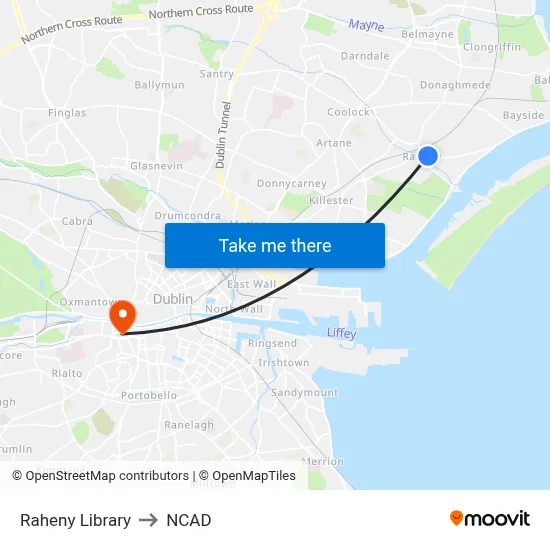 Raheny Library to NCAD map
