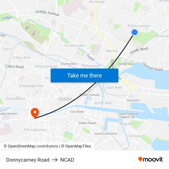 Donnycarney Road to NCAD map