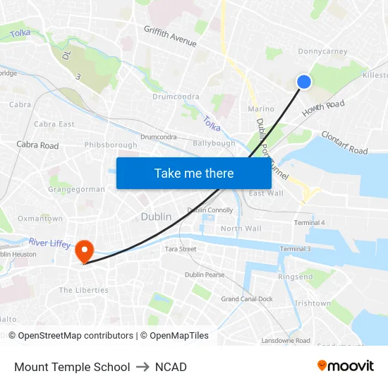 Mount Temple School to NCAD map