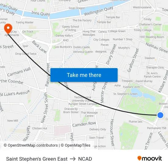 Saint Stephen's Green East to NCAD map