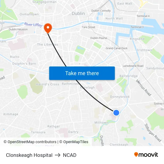 Clonskeagh Hospital to NCAD map