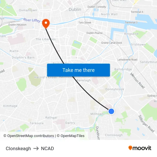 Clonskeagh to NCAD map