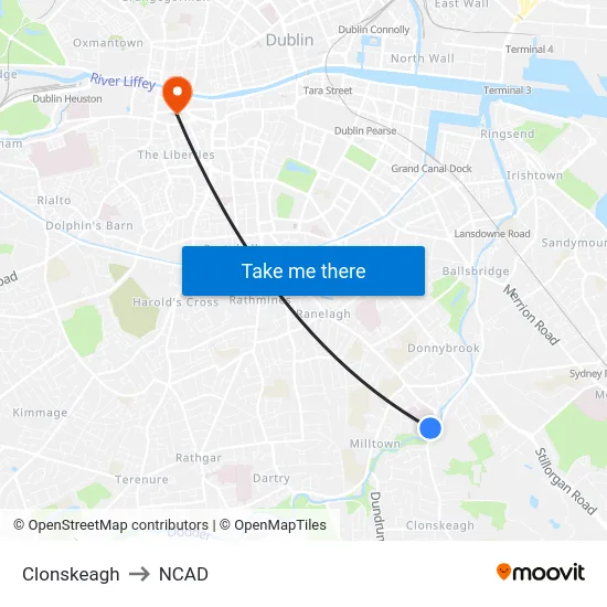 Clonskeagh to NCAD map