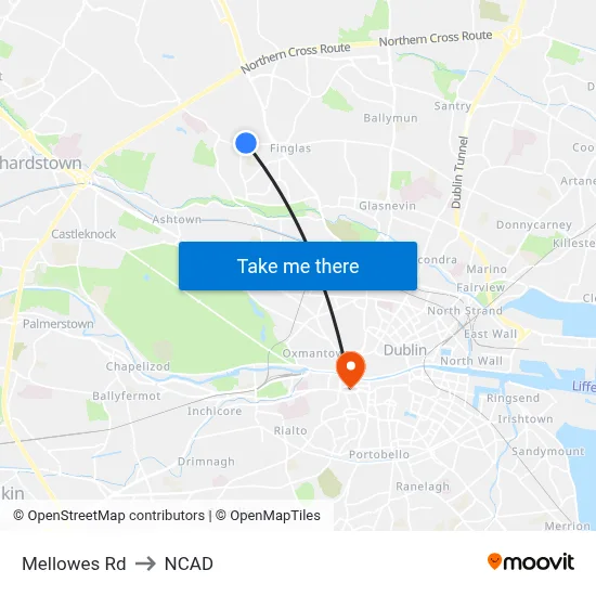 Mellowes Rd to NCAD map