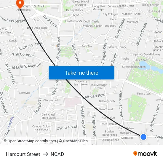 Harcourt Street to NCAD map