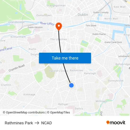 Rathmines Park to NCAD map
