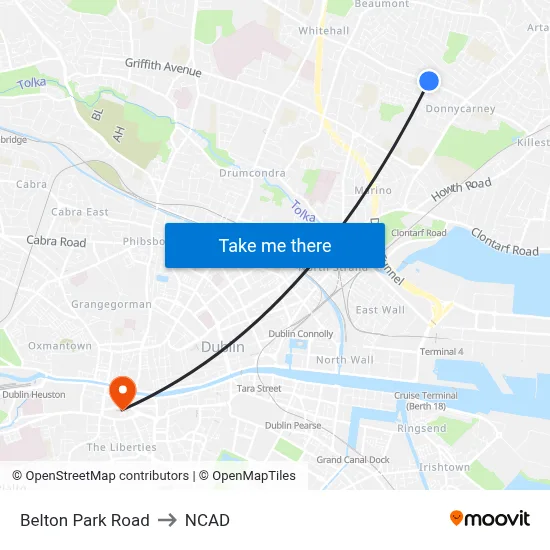 Belton Park Road to NCAD map