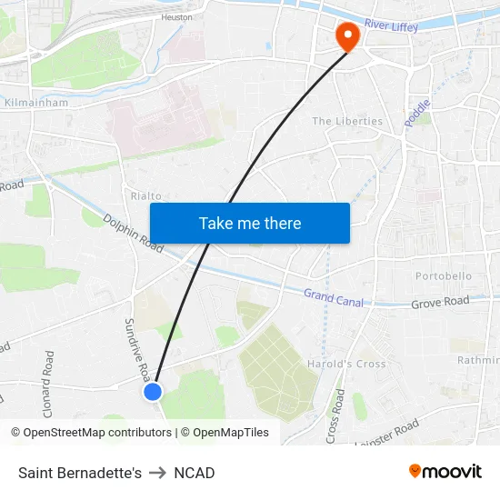Saint Bernadette's to NCAD map