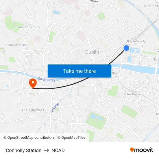 Connolly Station to NCAD map