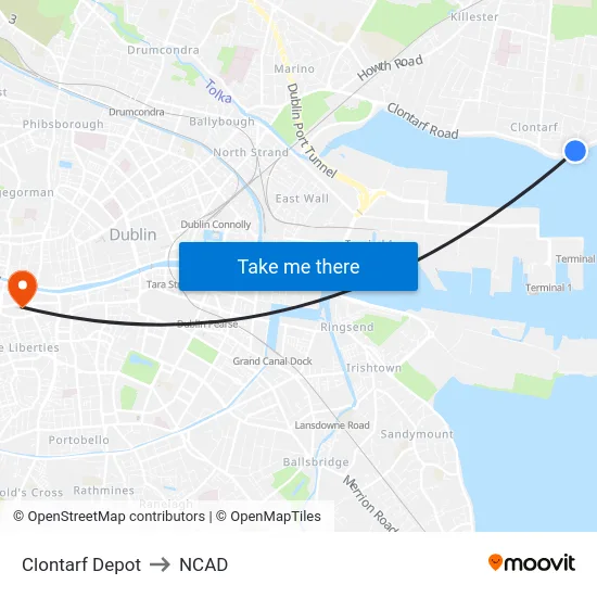 Clontarf Depot to NCAD map