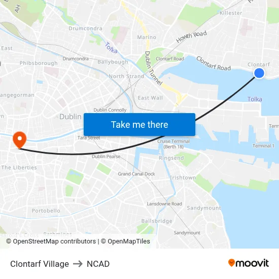 Clontarf Village to NCAD map
