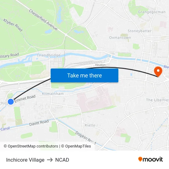 Inchicore Village to NCAD map
