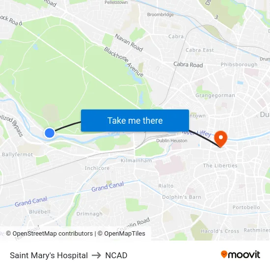 Saint Mary's Hospital to NCAD map