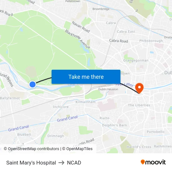 Saint Mary's Hospital to NCAD map