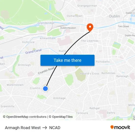 Armagh Rd West to NCAD map