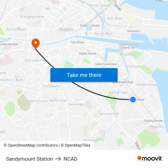 Sandymount Station to NCAD map