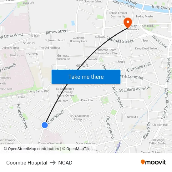 Coombe Hospital to NCAD map
