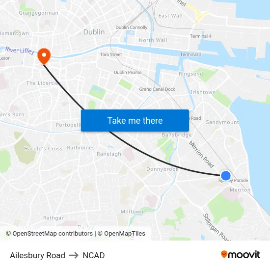 Ailesbury Road to NCAD map