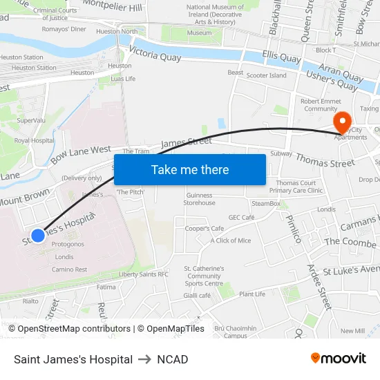 Saint James's Hospital to NCAD map