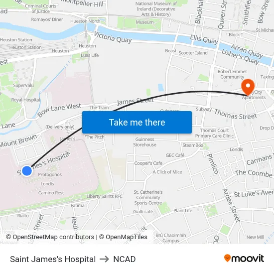 Saint James's Hospital to NCAD map