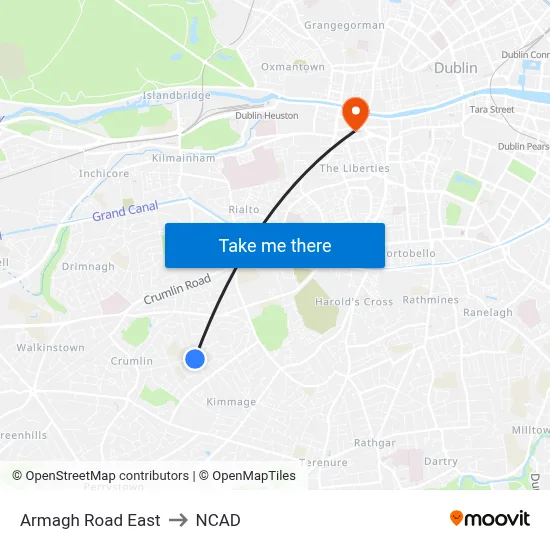 Armagh Rd East to NCAD map