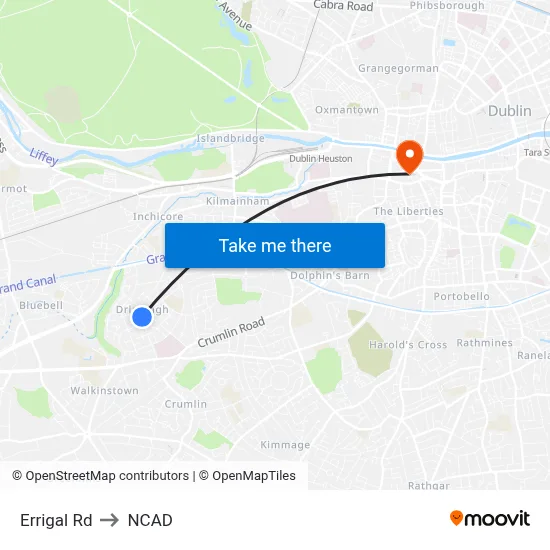 Errigal Rd to NCAD map