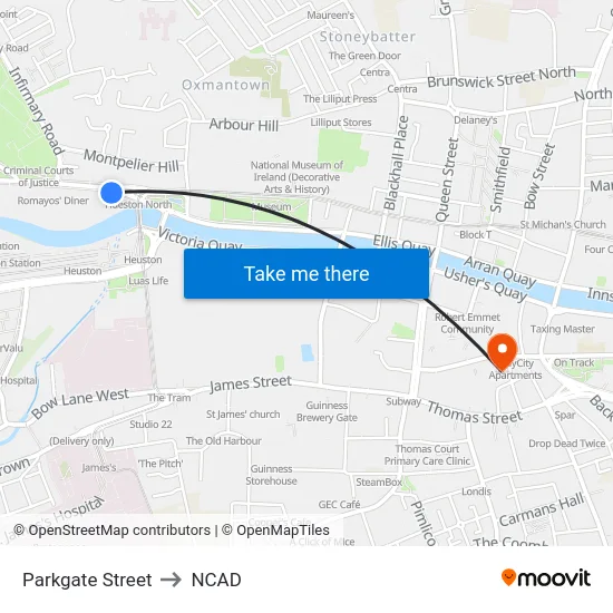 Parkgate Street to NCAD map