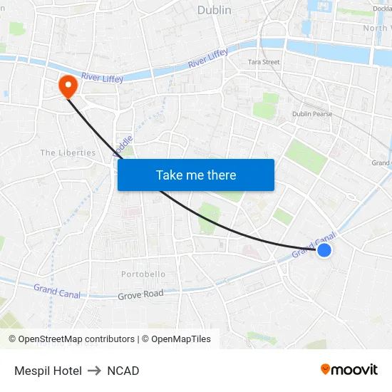 Mespil Hotel to NCAD map