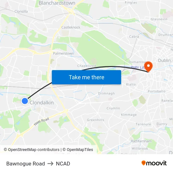 Bawnogue Road to NCAD map