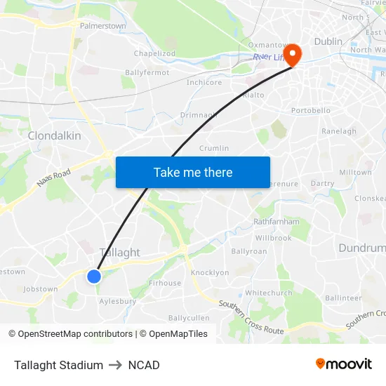 Tallaght Stadium to NCAD map