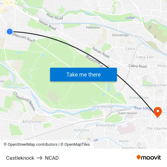 Castleknock to NCAD map