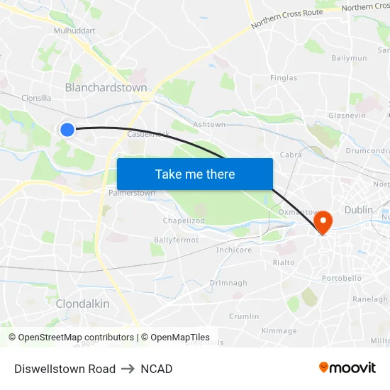 Diswellstown Road to NCAD map