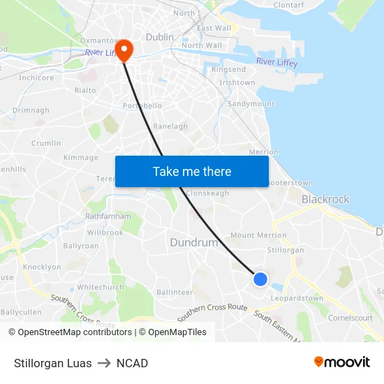 Stillorgan Luas to NCAD map