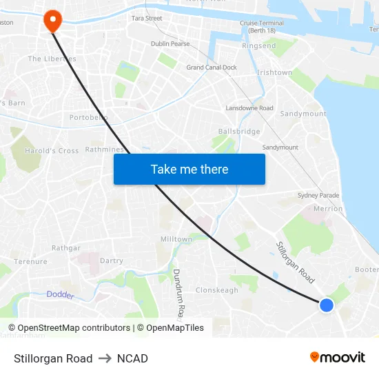 Stillorgan Road to NCAD map