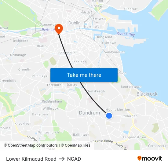 Lower Kilmacud Road to NCAD map