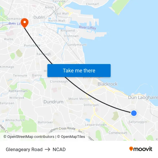 Glenageary Road to NCAD map