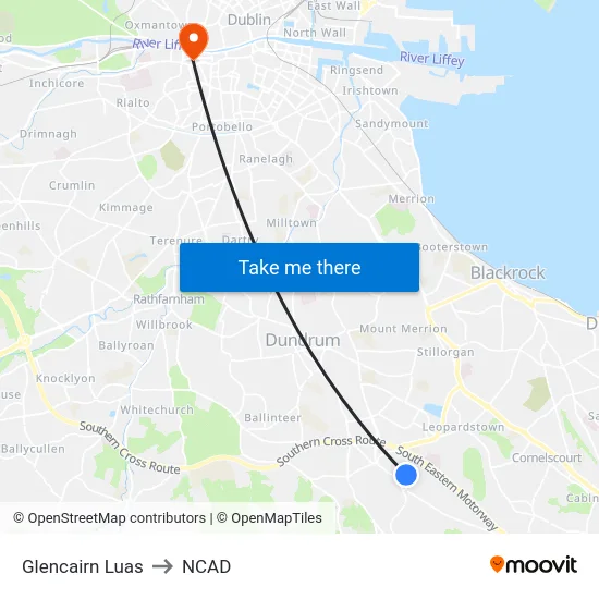 Glencairn Luas to NCAD map