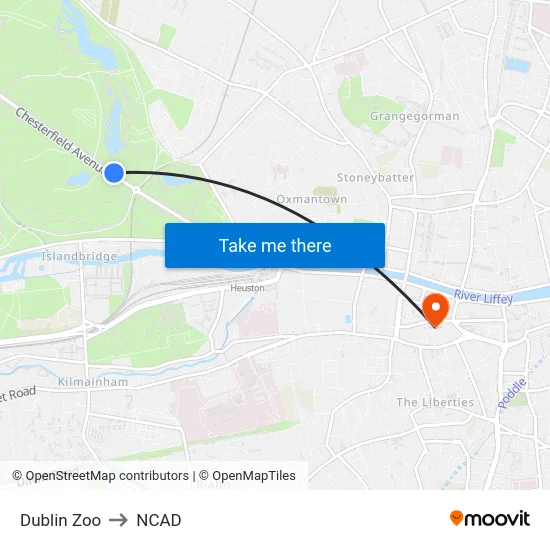 Dublin Zoo to NCAD map