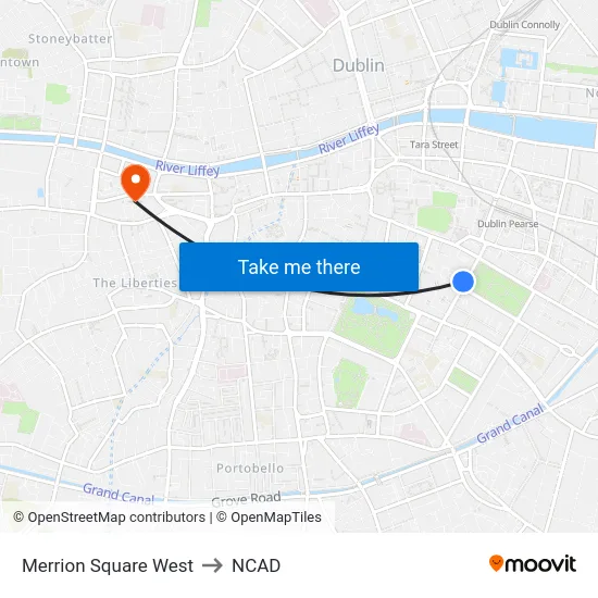 Merrion Square West to NCAD map