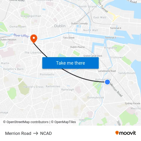 Merrion Road to NCAD map