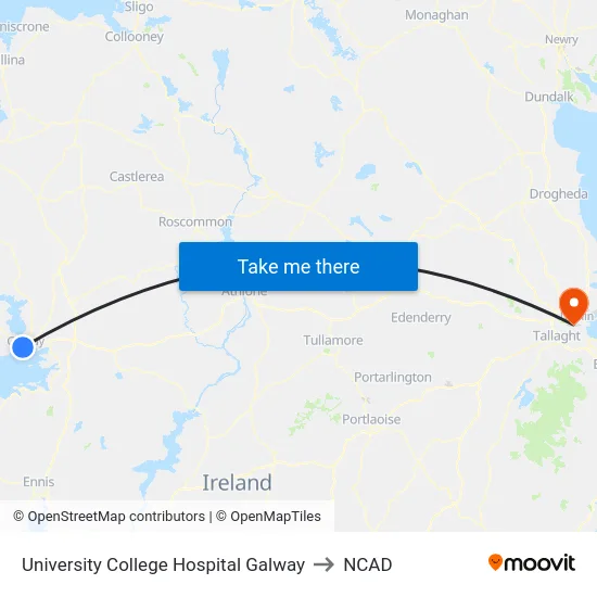 University College Hospital Galway to NCAD map