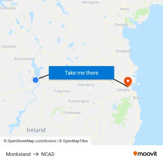 Monksland to NCAD map