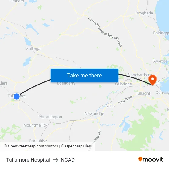 Tullamore Hospital to NCAD map