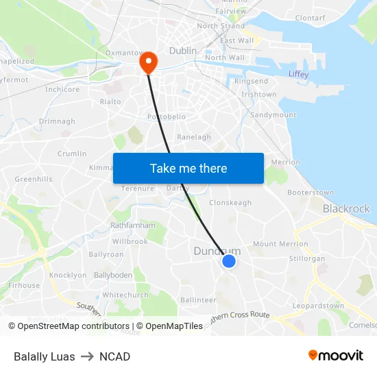 Balally Luas to NCAD map