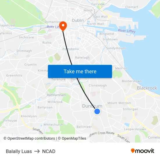 Balally Luas to NCAD map