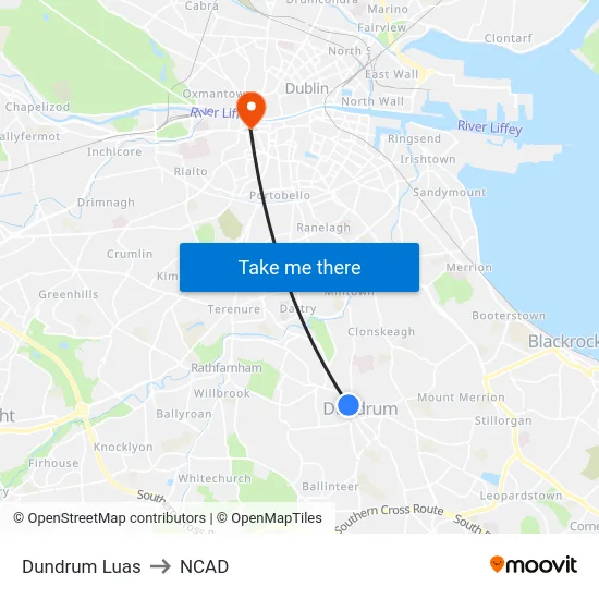 Dundrum Luas to NCAD map