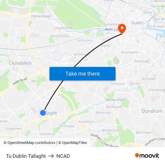 Tu Dublin Tallaght to NCAD map