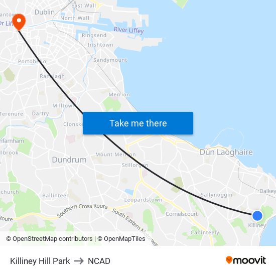 Killiney Hill Park to NCAD map