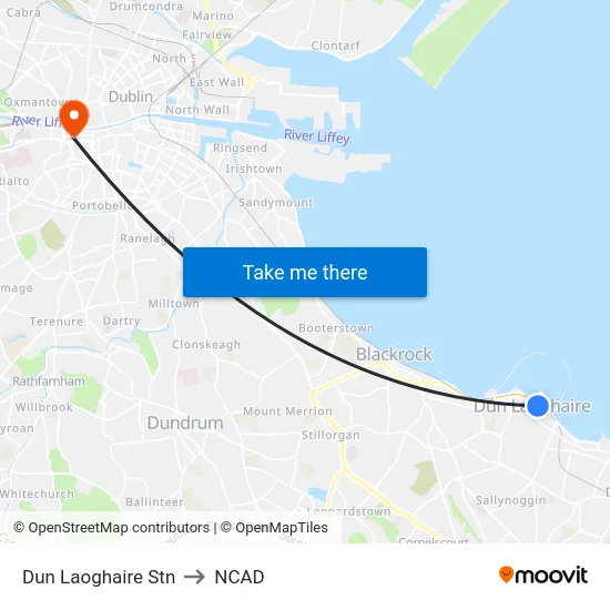 Dun Laoghaire Stn to NCAD map